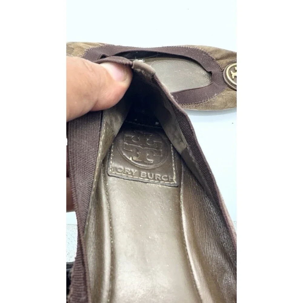 TORY BURCH Elastic Logo Caroline Suede Ballerina Ballet Flats Brown 7M